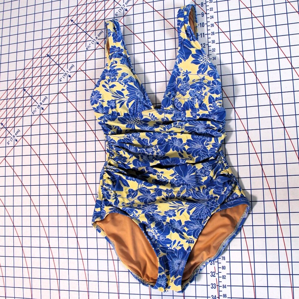 J. Crew Ruched V-neck One-Piece Full-Coverage Maillot Swimsuit Blue Floral 4